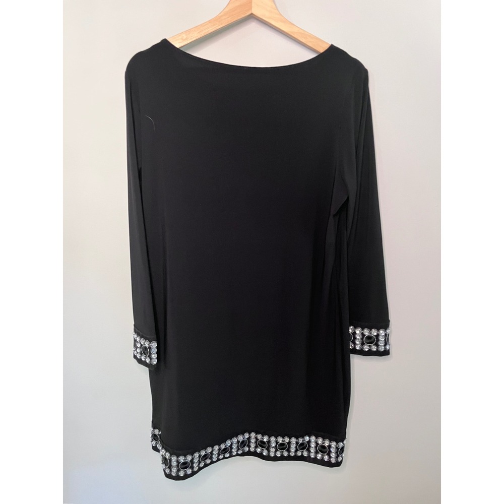 Black Rhinestone Embellished Long Sleeve Mini Shift Dress Go-Go Style Medium - Picture 2 of 6